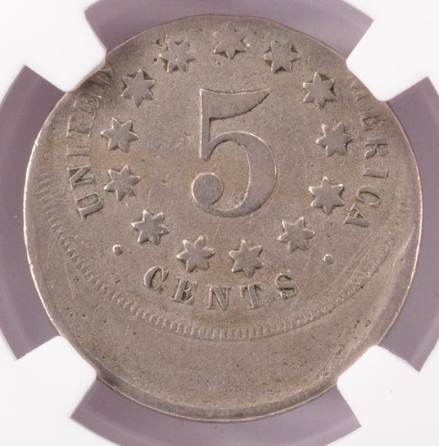 NGC 5c (1866-1883) Shield Nickel Struck 25% Off-Center VF Details